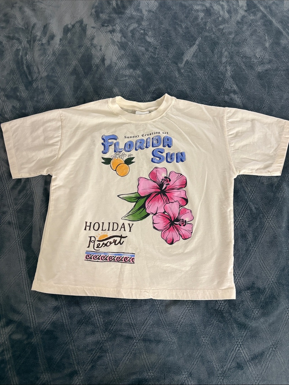 Zara Cream Florida Sun Graphic Tee with Pink Flowers